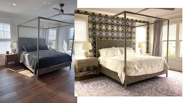 A bedroom completely transformed! Before and after with wallpaper and rug.