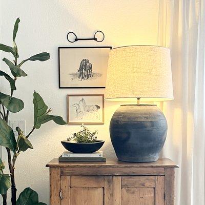 Impressive & very cool, hand-crafted, one-of-a-kind vintage clay pot lamp with fabric shade, 19.5"W x 31"H, $380.