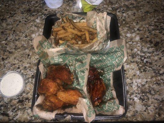 Fries at top, Louisiana Rub (left) and Spicy Korean (right).