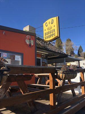 Outside, patio seating if it's a warm day