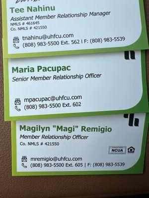 If you're looking for top-notch service, head over to the UHFCU Kapolei branch and ask for Maria, Tee, and Magi. You won't be disappointed!