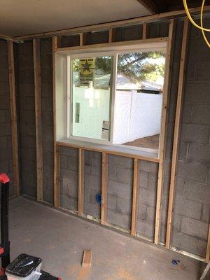 Framing of interior wall for shed to office conversion