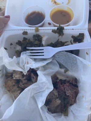 Collard Greens, Brisket, and chicken