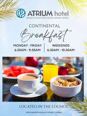 Daily Continental Breakfast located in The Lounge