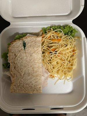 1/2 turkey sandwich with Angel hair pasta.