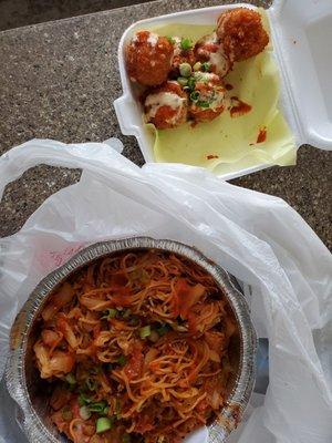 K- noodles with Kimchi and Fried Rice Balls