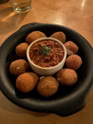 Friend Reggianito stuffed Spanish Fried Olives & Romesco