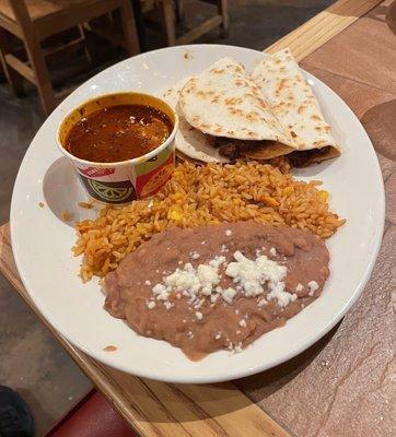 Birria Quesa Tacos w/ Rice & Beans