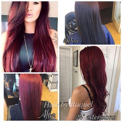 From brunette to red hair and 24" Cinderella hair extensions. Extensions added for length and volume