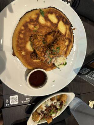 Chicken and Cornbread Pancake with a side of Loaded Tater Tots for $3 extra.