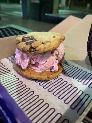 Chocolate Chunk Cookie with a Scoop of strawberry ice cream