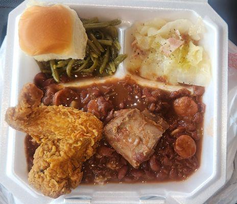 Red Beans & Rice, Turkey Neck , Cabbage, Green Beans & Dinner Roll.. 2 Salutes!