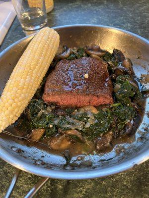 Flat iron steak with spinach ,mushrooms and sweet corn.