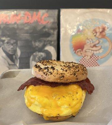 Turkey Bacon, Egg, and Cheese on an Everything Bagel with RIN-DMC and the Grateful Dead