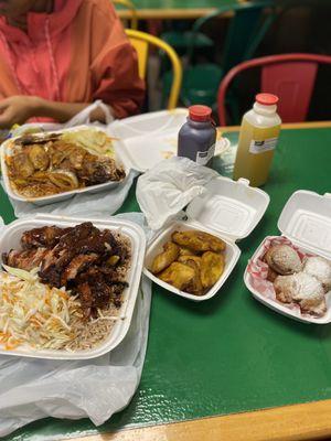 Jerk Chicken with cole slaw and rice Red Snapper with cabbage and rice and beans Plantains Fried Oreos