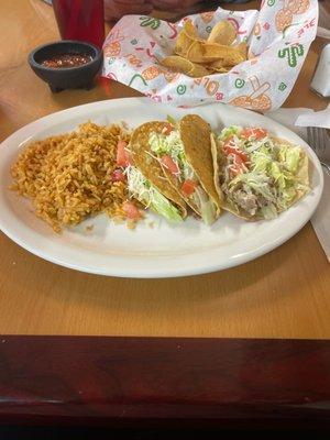 Our three chicken taco plate with no beans just rice.