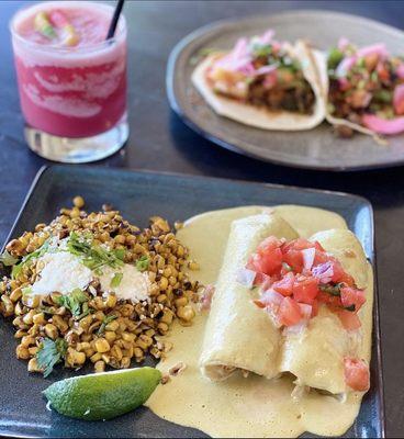 Roasted Chicken with Poblano Cream & Smoked Tomato Pico and Pork Cheek Carnitas Taco