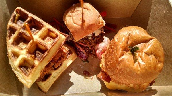 My trio! Chicken n' Waffles, Hawaiian Pulled Pork, and Mac n' Cheese Burger.