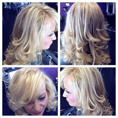 Highlights with blonde base and square layer haircut