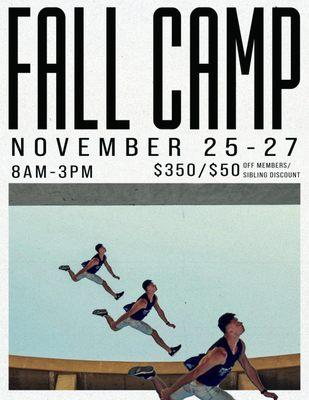 Fall Parkour Camp is coming up! Join us for parkour, games, obstacle courses & more!!