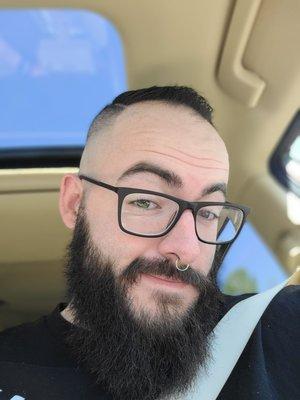 Hugh bald fade with a hard part/beard trim