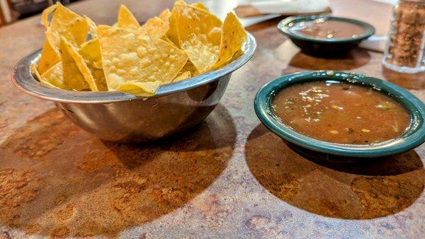 The (warm!) salsa at La Salita is more green chile forward than anything else; a nice smokey taste in this batch. Worth a visit just to try.