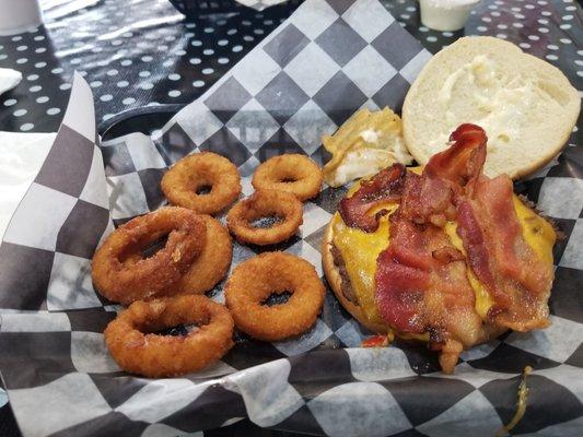 House burger and onion rings.