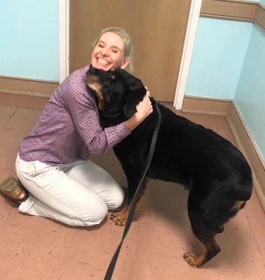 Dr. Bolduc saying goodbye to our boarder, Beau!