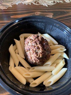 Kids Penne Marinara with Meatball. Notice the missing marinara. They gave it when I pointed that out. Not much pasta.