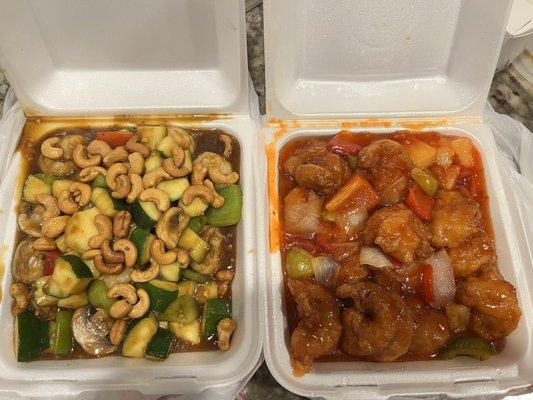 Left: Cashew shrimp Right: Sweet and sour shrimp