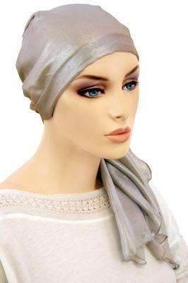 The shimmering sand headscarf in soothing Italian silk chiffon comes pre-tied. Lined with premium quality 100% ultra-light organic cotton.