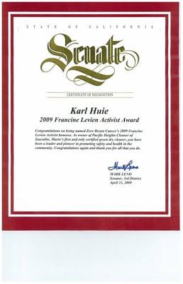 Certificate of recognition from Mark Leno, State of California Senate