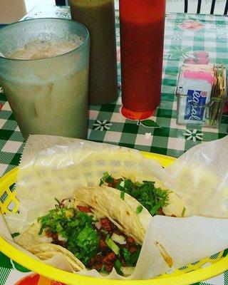 Tacos al pastor y agua de horchata!! Yum!!