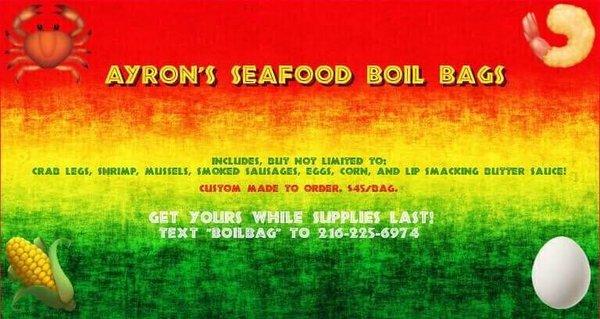 Seafood Boil Bag order today ingredients are customizable comes with corn, potatoes, sausage, shrimp, crab leg cluster, hard boiled eggs,