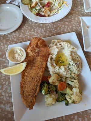 Fried Walleye (local fish), mashed potatoes and veggies.