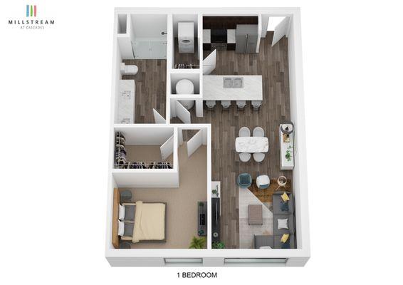 One Bedroom 3D Floorplan