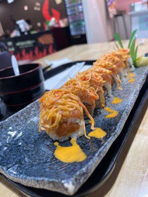 Firecracker roll: spicy tuna, salmon, and spicy crab meat