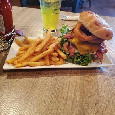 The HUGE Works burger and French fries.