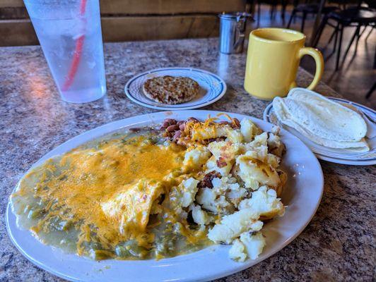 Black coffee, blue corn tortillas, green chile