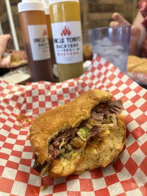 BBQ Brisket on a bun with added Cole slaw...