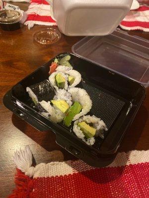 Paid $5 for 5 pieces of messed up sushi. i ordered flat noodles which was okay but this avocado roll was a huge bust.