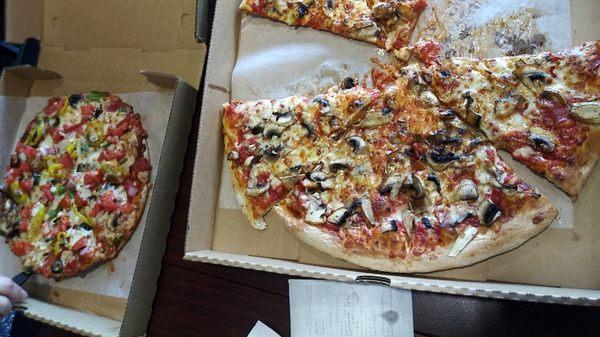 Gluten free crust pizza on left, regular gluten on the right! Both delicious!