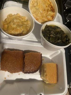 Macaroni and Cheese, Collard Greens, Regular Cornbread, and Sweet Honey Cornbread