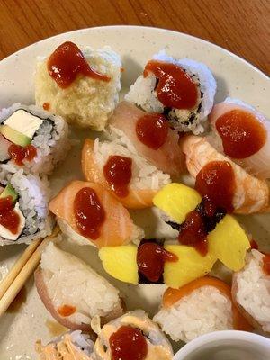 Sushi heavily laced with Sriracha sauce