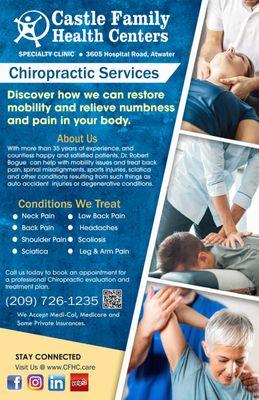 Chiropractic services NOW AVAILABLE! Make your appointment today.