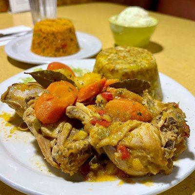 Stewed Chicken with Trifongo, Puerto Rican Rice and Potato Salad