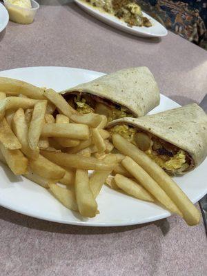 Breakfast wrap and fries.