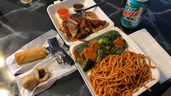 Chow mein, teriyaki chicken, broccoli beef, veggie roll, sesame seed, balls, with a red bean filling. Baja blast drink