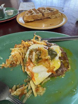 One half of eggs, sausage, and hash browns. I was famished when the order arrived!