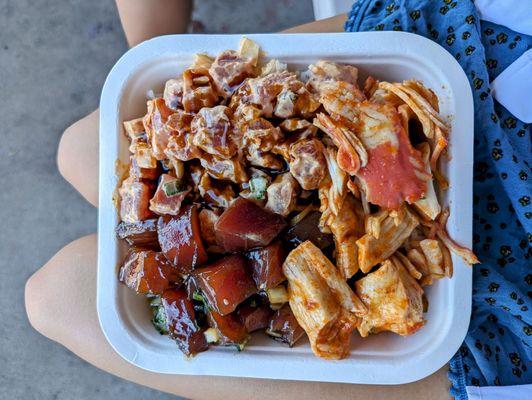 Two poke choice and 1/2 poke - shoyu, sunrise, kimchee tako, and cucumber salad